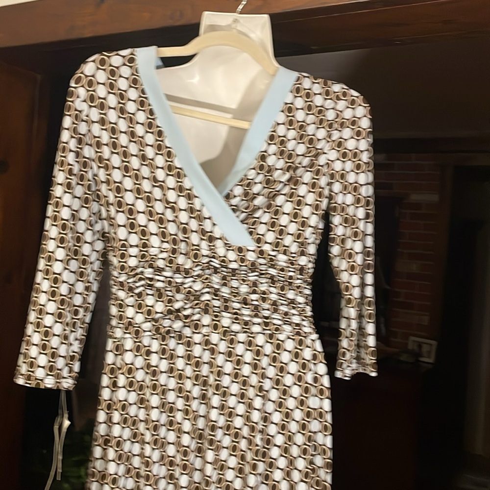 Elegant Baby blue and brown Patterned V Neck Dress